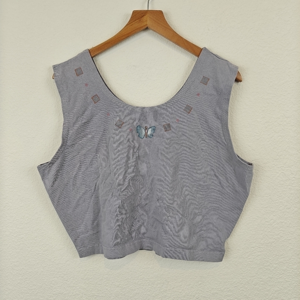 VTG Blue Fish Cropped Sleeveless Top Hand Painted Butterflies Cotton Size 2